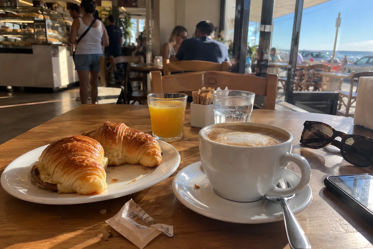 Café con leche y medialunas en una cafetería de la costa