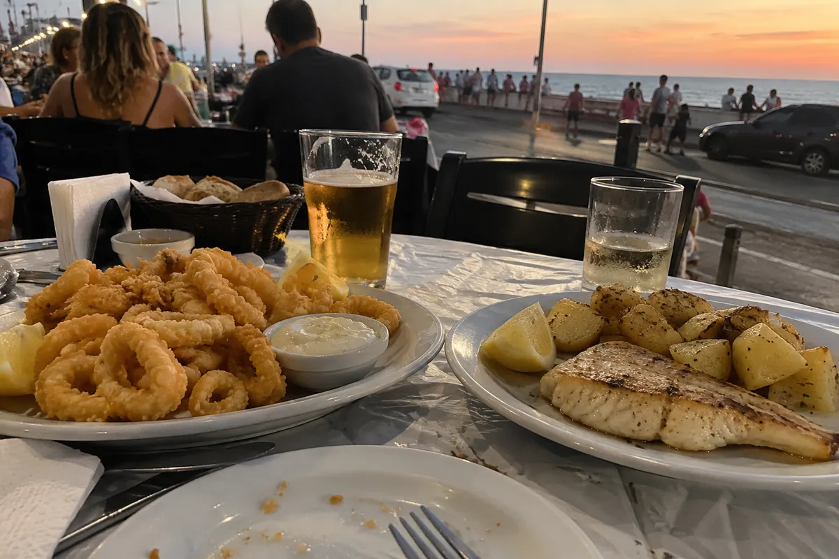 Rabas, pescado y cerveza en una mesa frente a la rambla